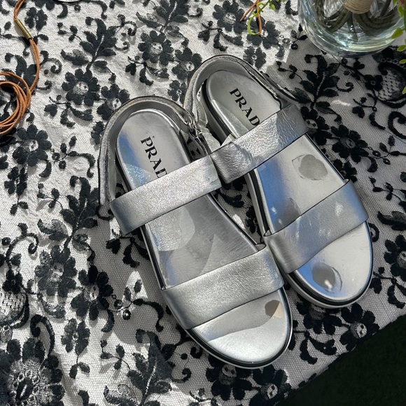 PRADA SPORTY METALLIC SILVER OPEN TOE SANDALS LUXURY PLATFORM SHOE 39, US 8.5 - Picture 3 of 12